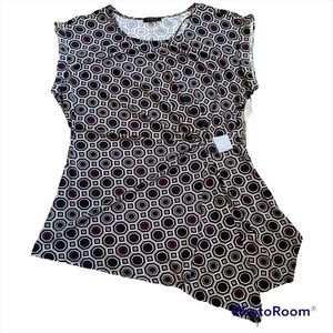 NWT FYLO Short Sleeve Gray/Black/Burgundy Print Asymmetrical Blouse size Large